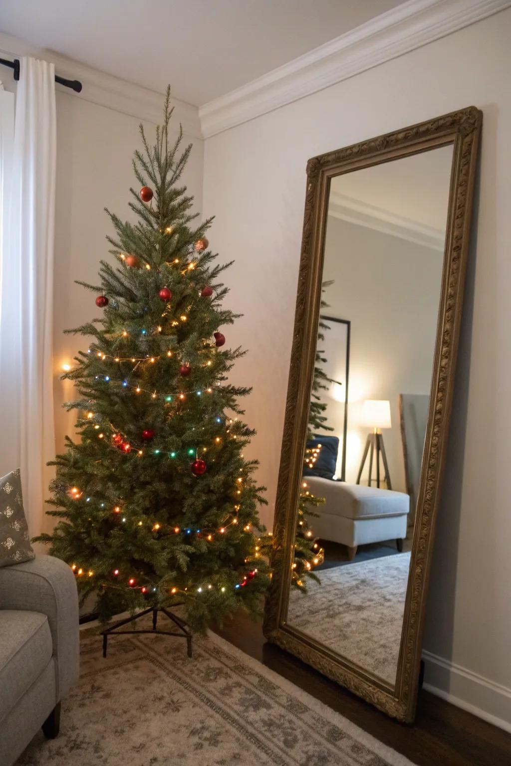 A mirror doubles the tree's light for a brighter area.