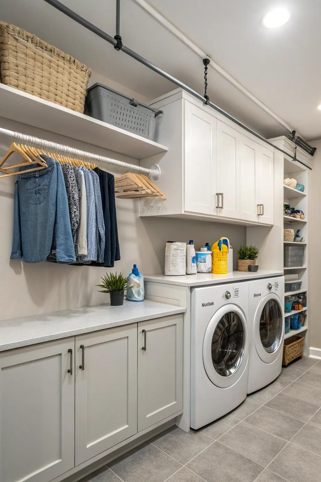 Create multifunctional laundry spaces with smart rod placement.