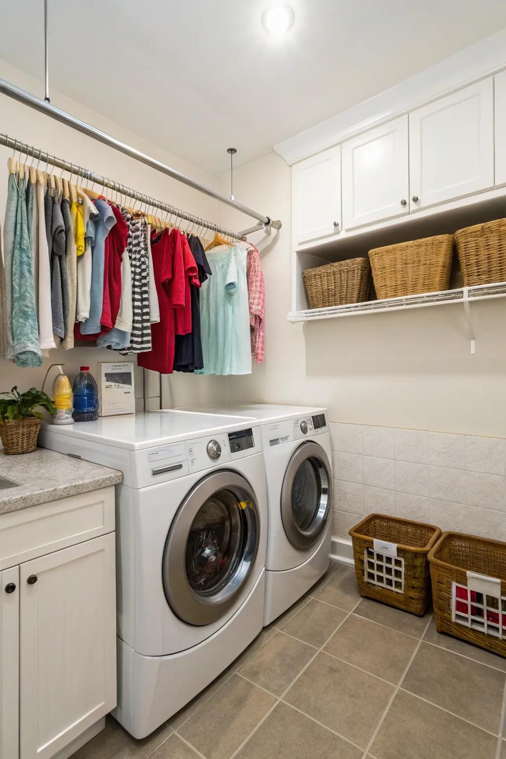 Maximize vertical space with drying rods above appliances.