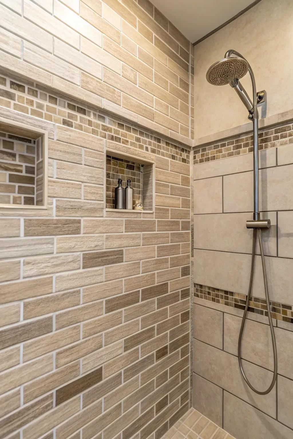 The staggered brick design brings a traditional touch to a modern shower.