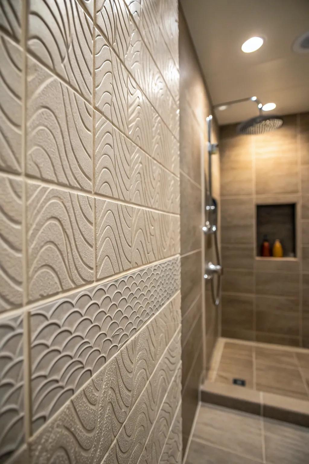Textured tiles create depth, adding warmth and character.