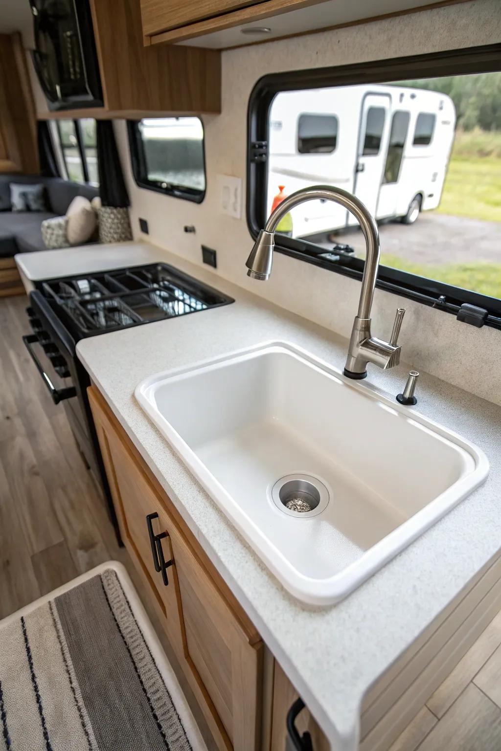 A single basin sink offers simplicity in an RV kitchen.