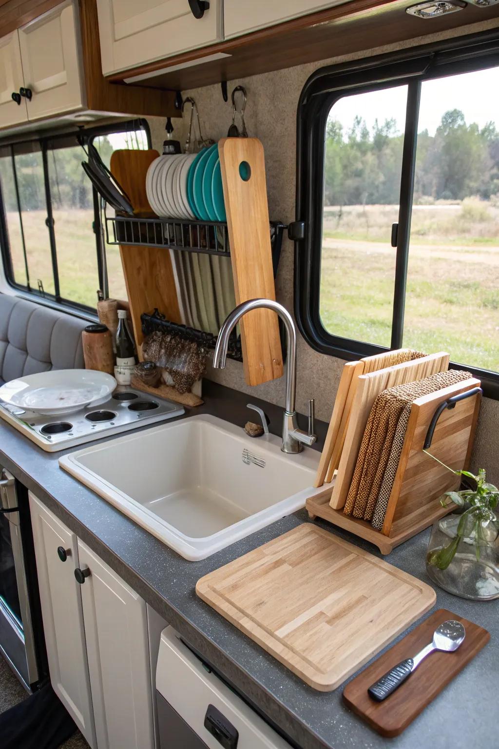 A workstation sink within an RV enhances efficient multitasking.