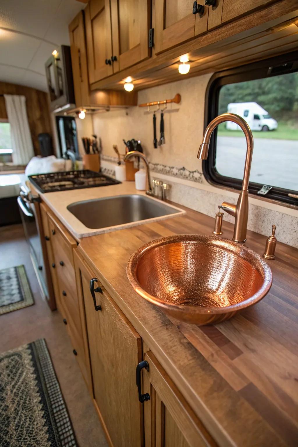 A copper sink adds rustic charm to a cooking space in an RV.