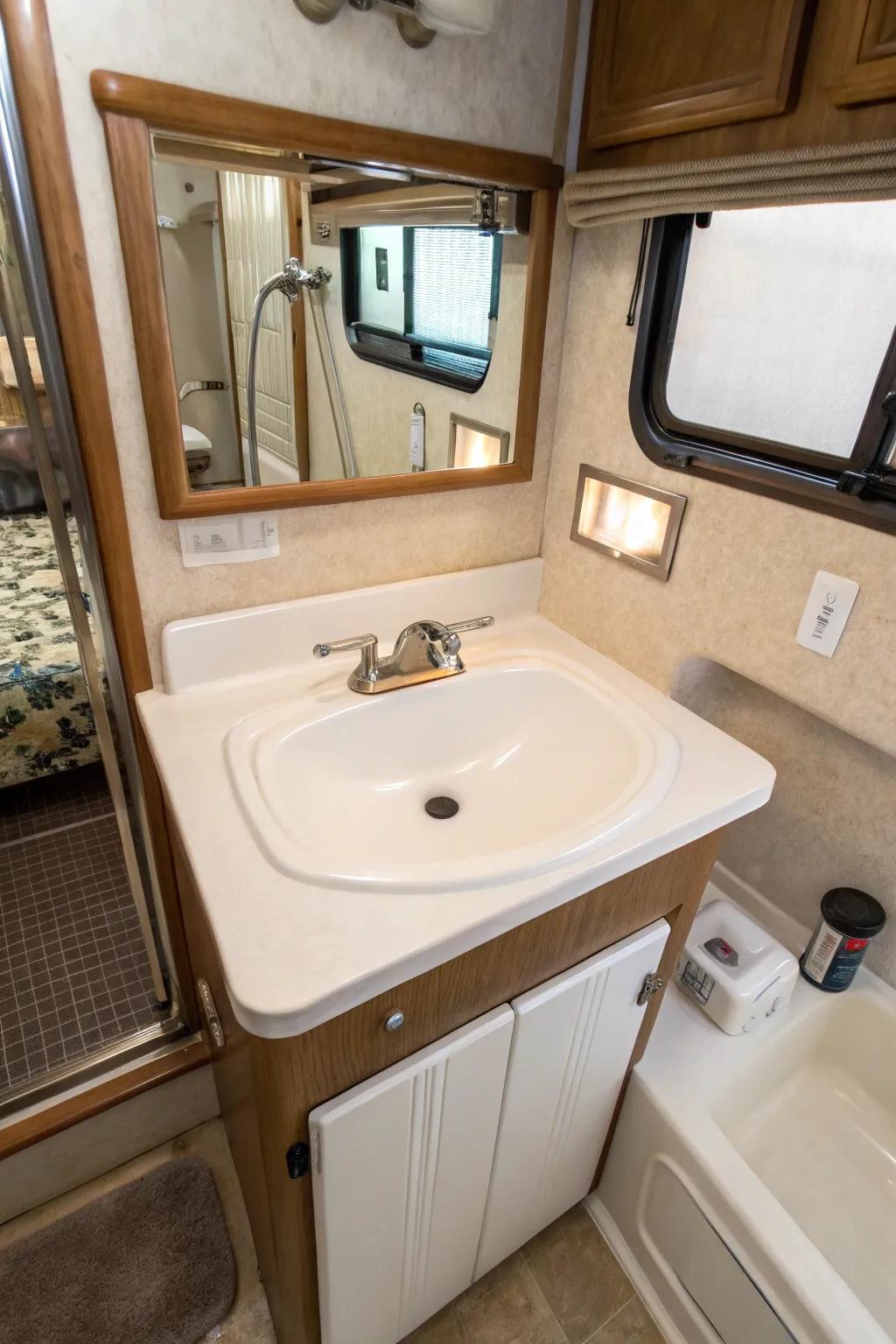 A porcelain sink offers traditional charm in an RV bathroom.
