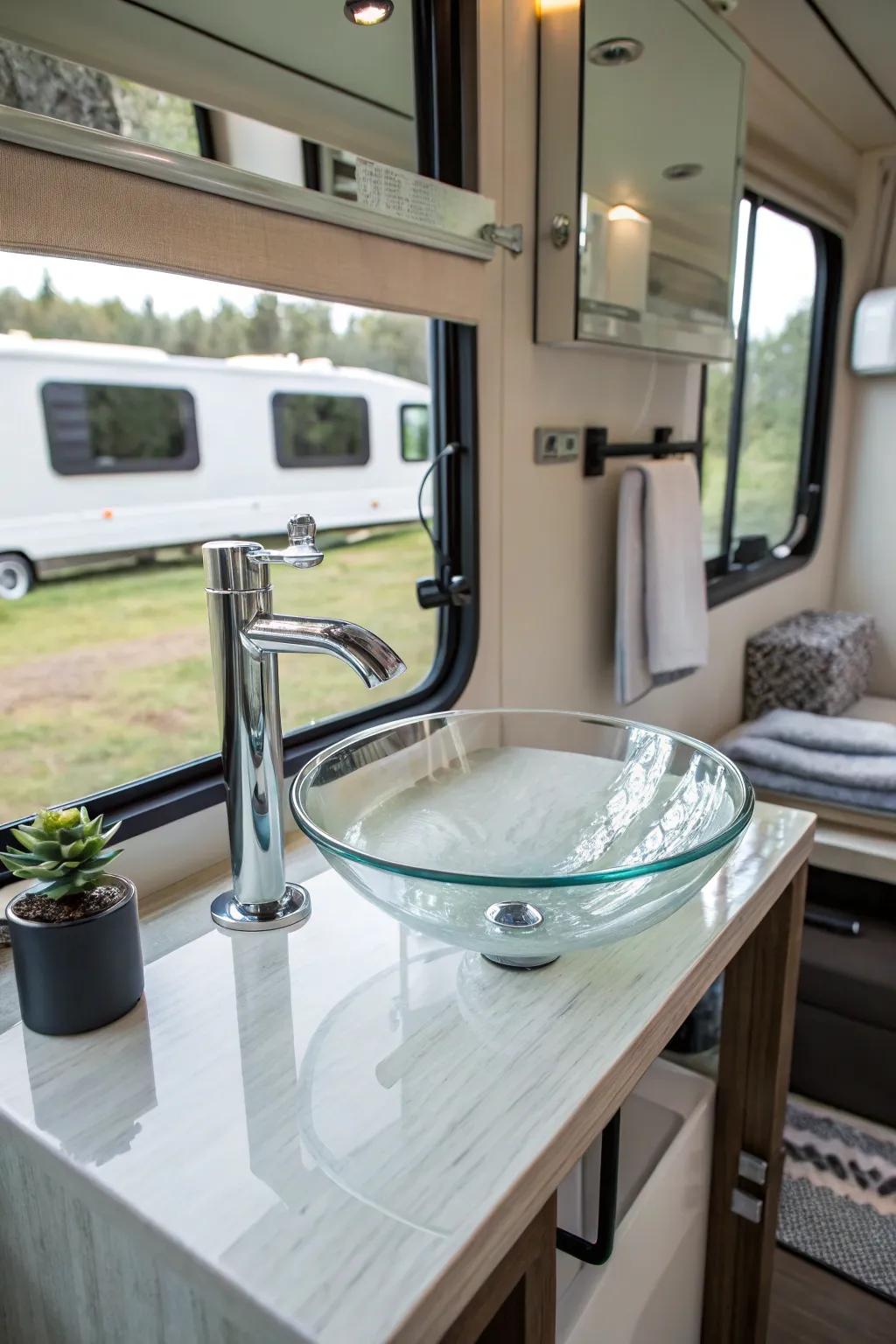 A glass sink provides modern elegance to an RV bathroom.