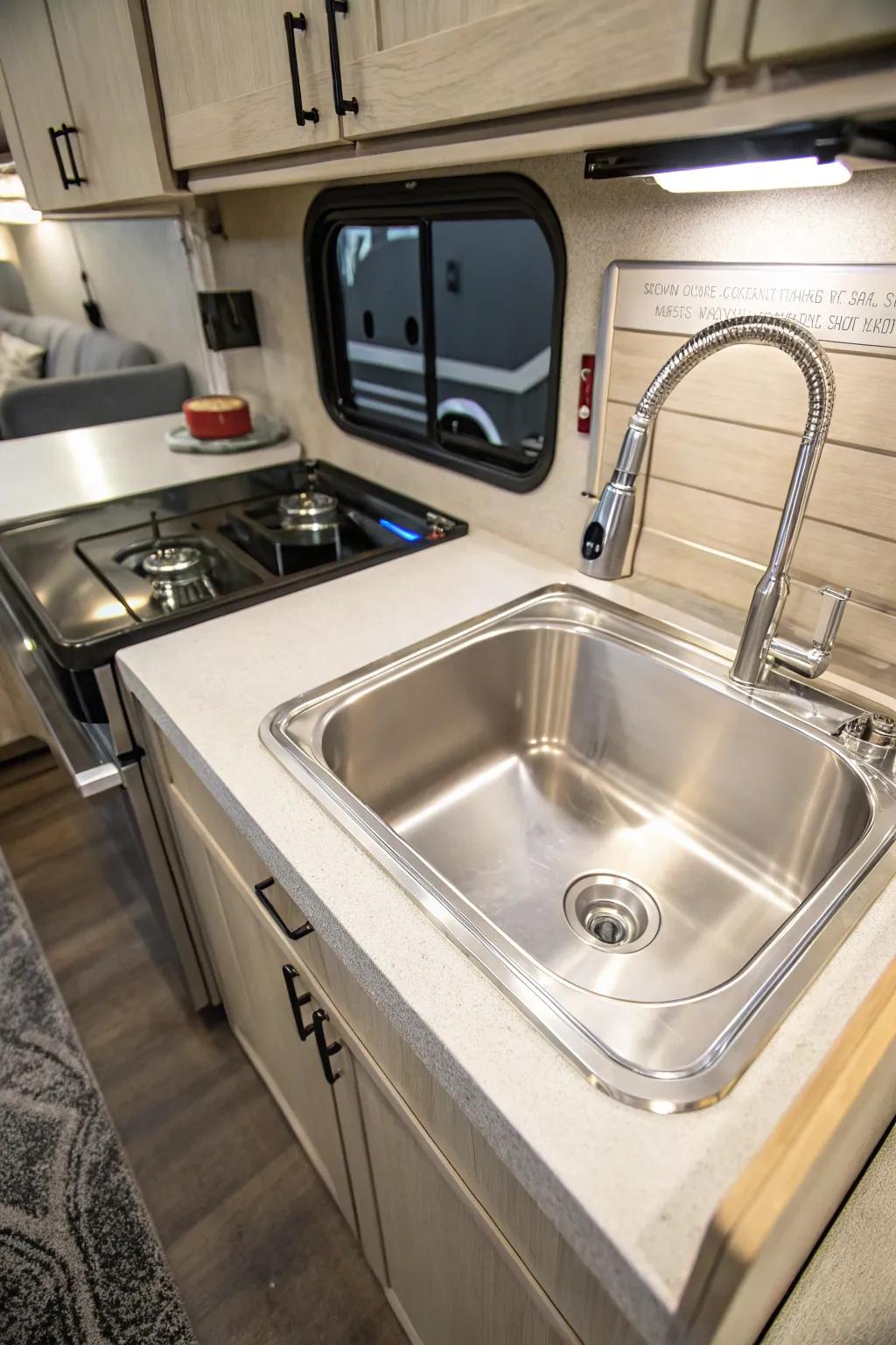 A small stainless steel sink installed in an RV kitchen space.