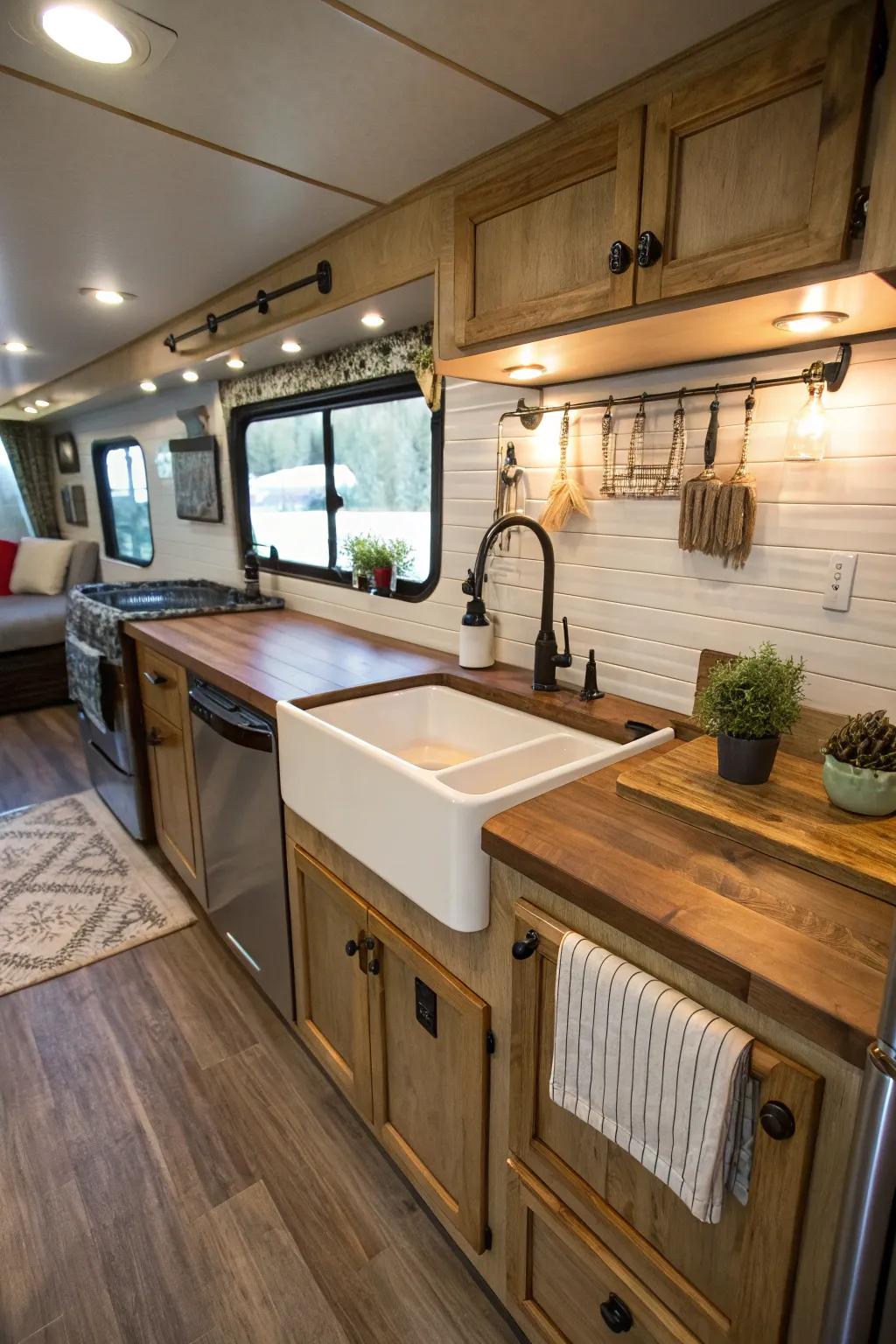 An apron sink delivers a farmhouse charm to an RV kitchen.