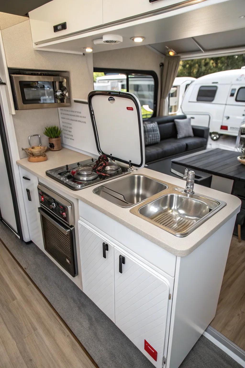 A hob/sink combo unit allows for compact cooking in an RV.