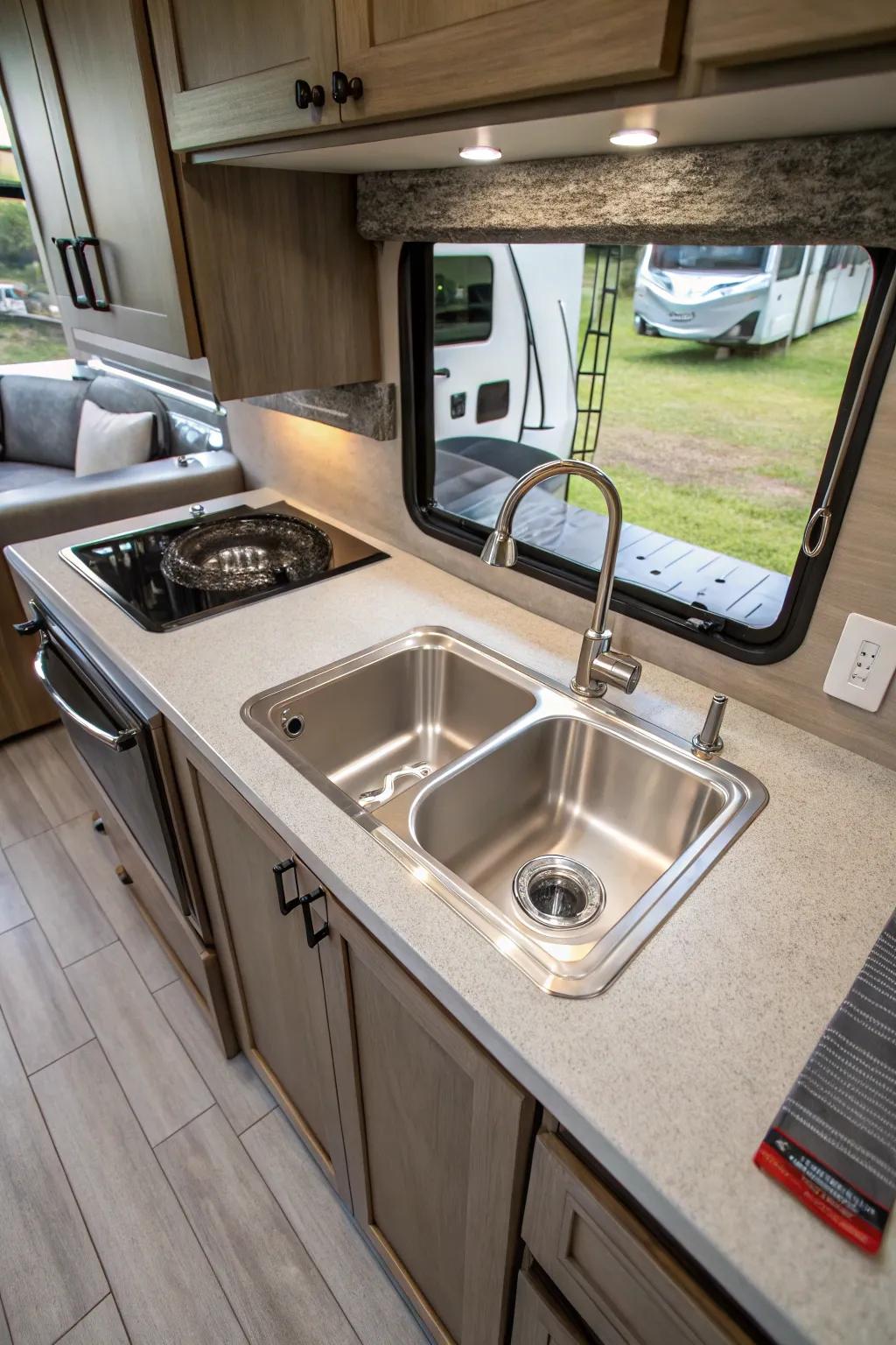 A top-mount sink enables straightforward installation in an RV.