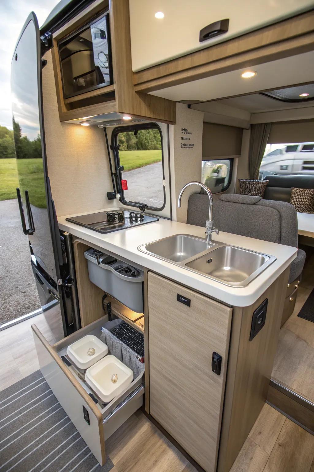 An RV kitchen shows a foldable sink emphasizing efficient space use.