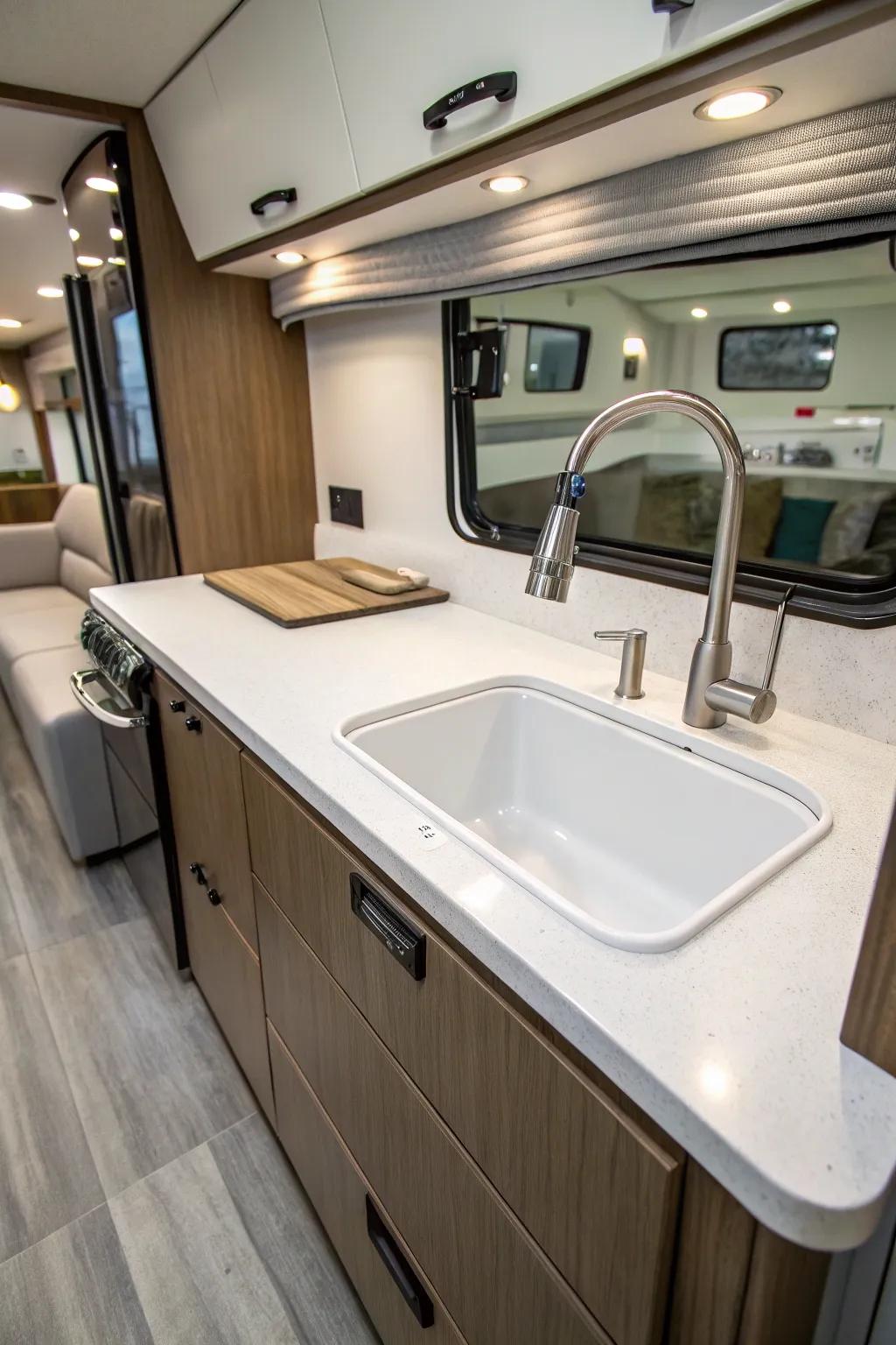A combined sink and countertop offering a seamless aesthetic.