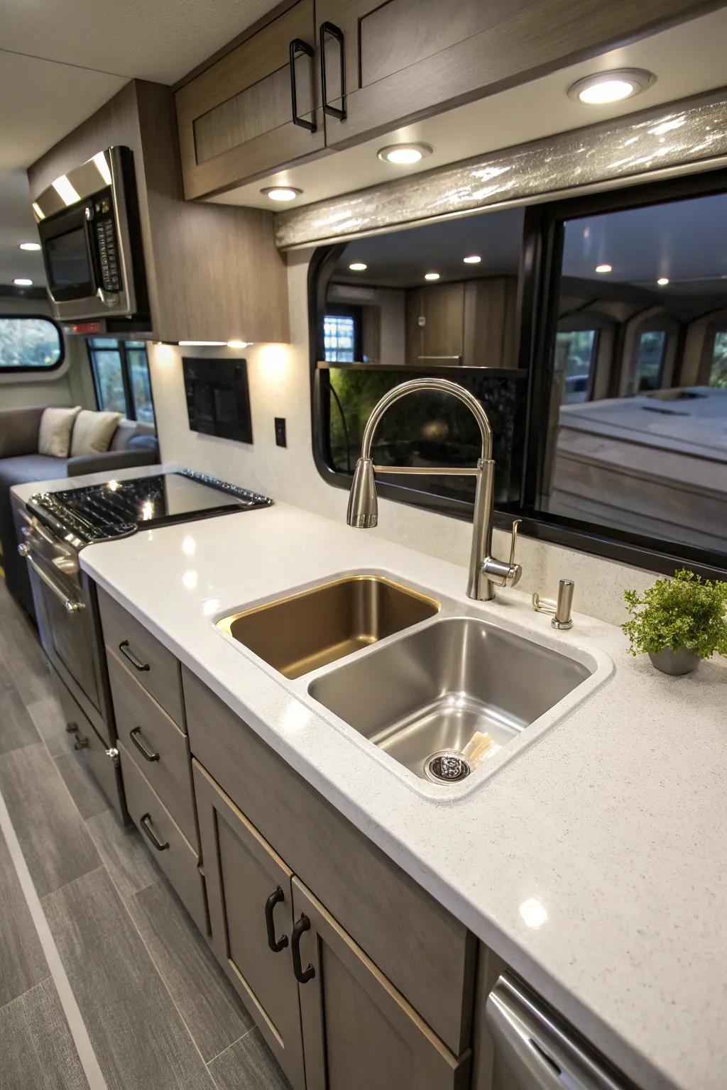 An undermount sink gives a smooth look to a cooking space in an RV.