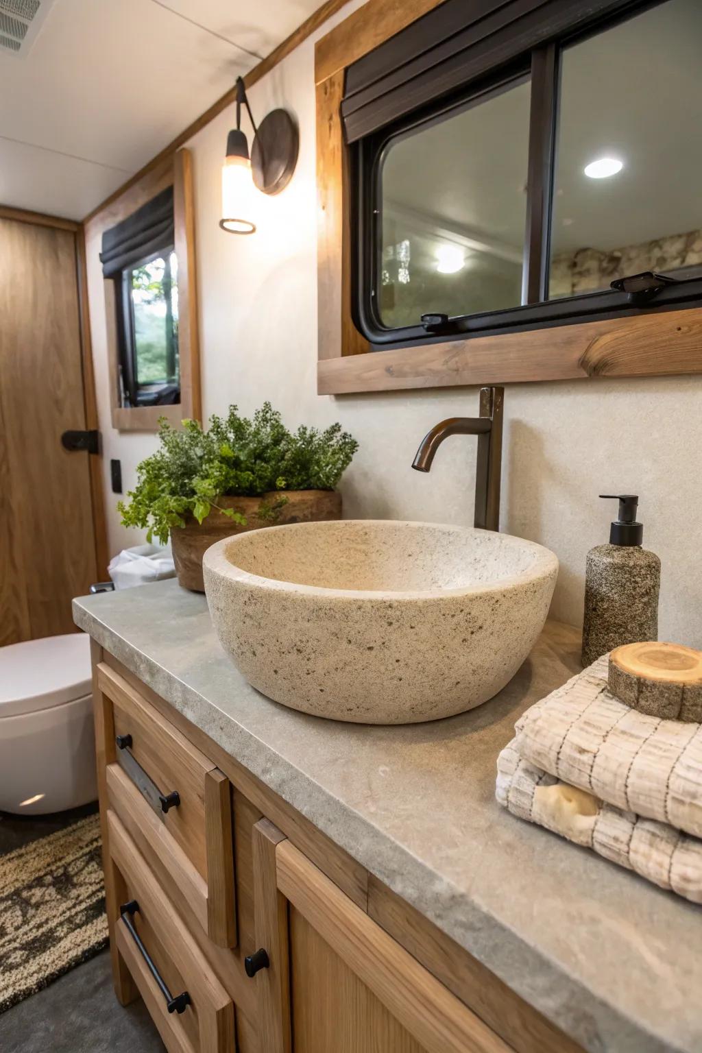 A stone sink brings natural beauty to an RV bathroom.