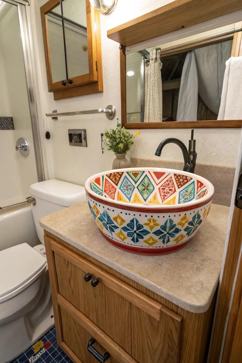 A designed ceramic sink contributes personality to an RV bathroom.
