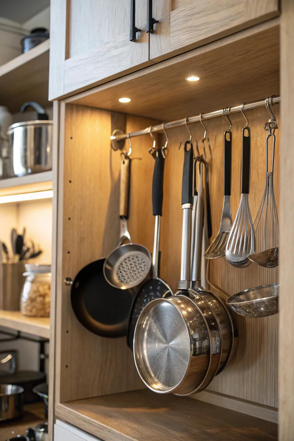 Easy access through hanging cookware.