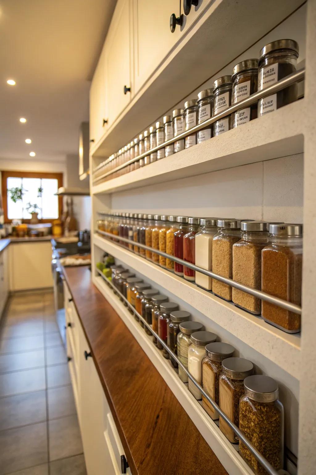 Narrow shelves keeps everything neat and organized.