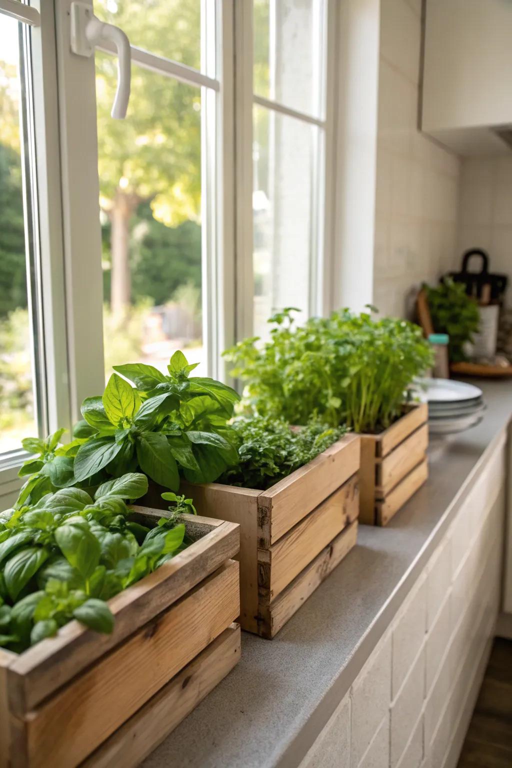 Window casings provide easy access to fresh herbs for cooking.