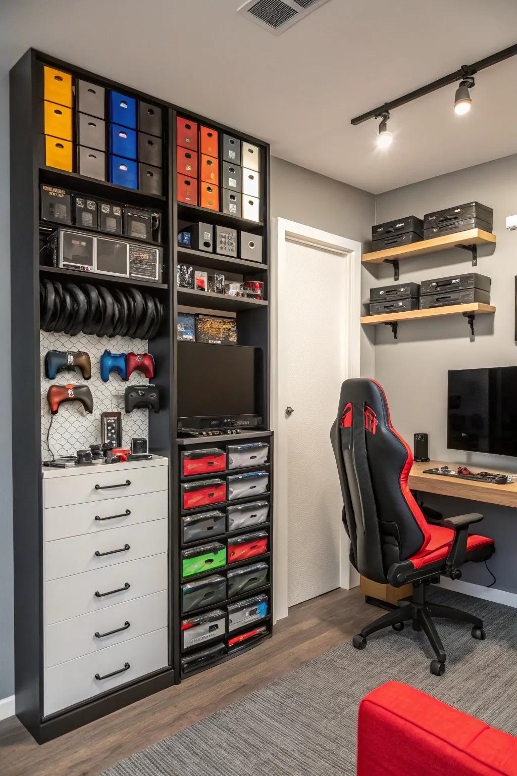 Vertical storage keeps gear organized and accessible.