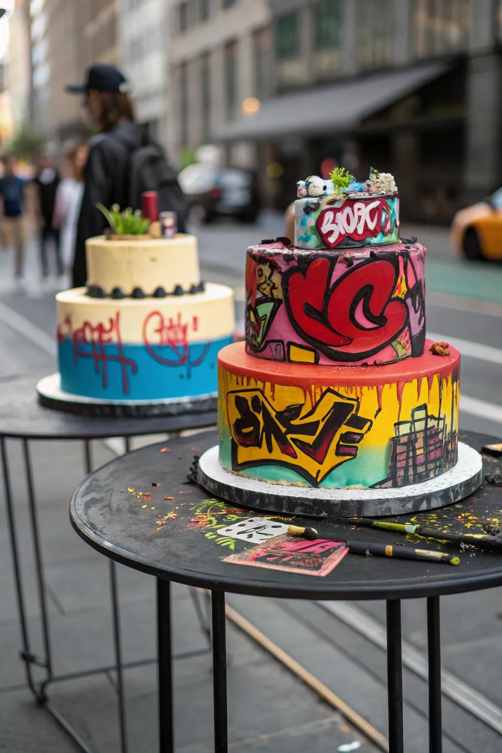 A street art cake adds urban flair and personality to any occasion.