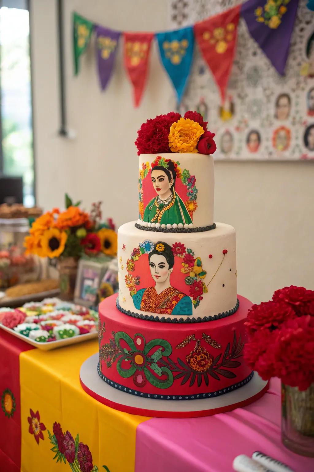 A Frida Kahlo cake embodies the vibrant soul of her renowned style.