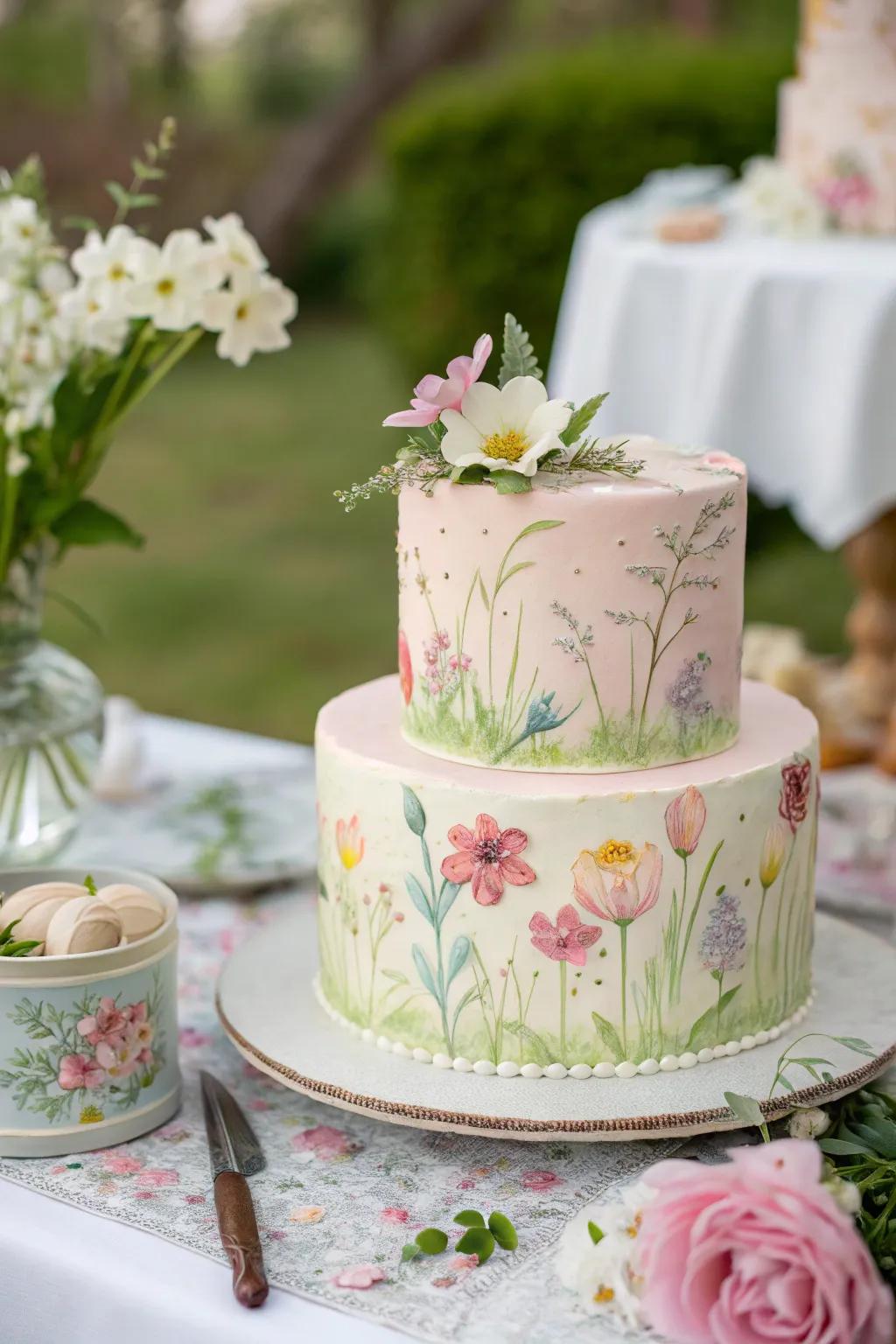 An Impressionist garden cake delivers a serene and artistic touch.