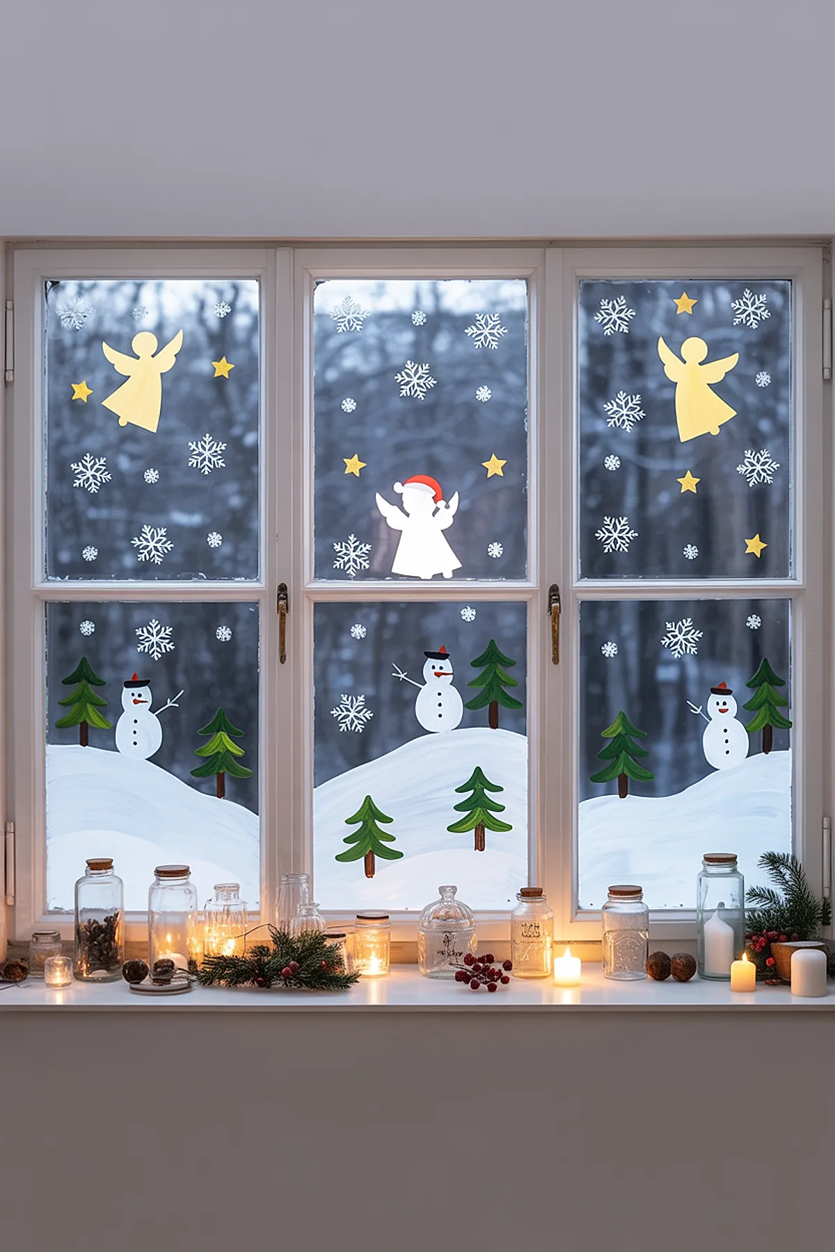 Christmas window painting of three snowmen wearing red hats surrounded by green pine trees, glowing yellow angels, and white snowflakes, illuminated by candles and jars on the windowsill for a warm festive glow.