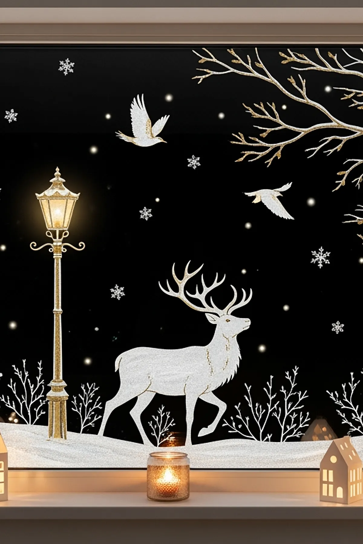 Christmas window painting featuring a glowing golden lamp post beside a white deer standing on snow-covered ground with bare branches, white birds, and snowflakes for an elegant winter window display.