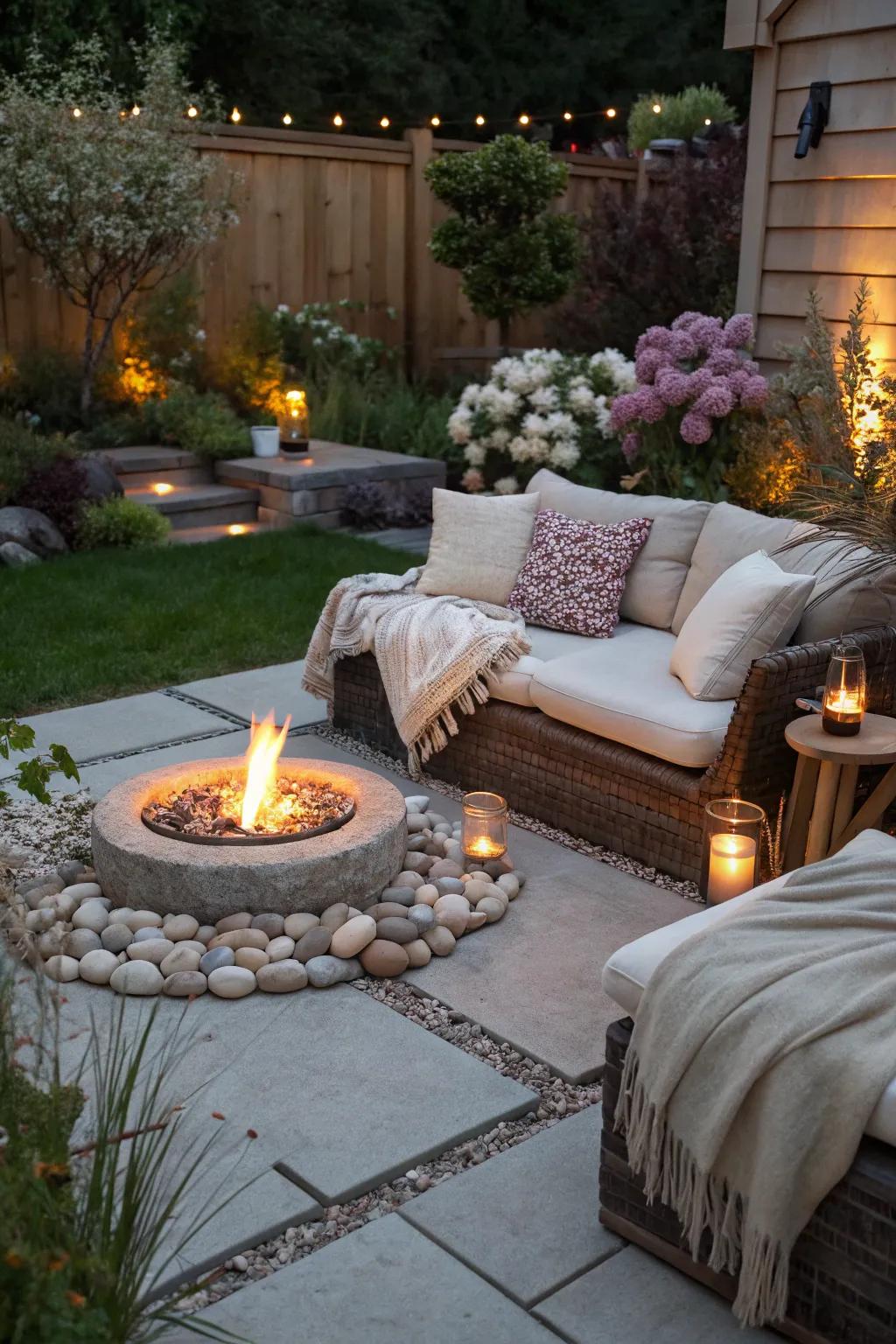 An inviting fire pit corner that sets the stage for memorable evening gatherings.