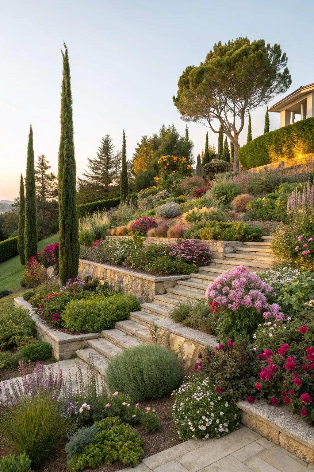 Tiered planting designs a rich and varied garden landscape.