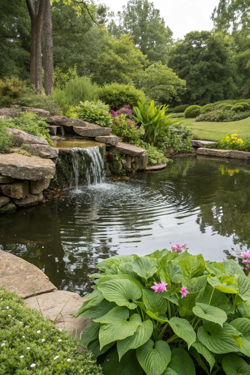A serene pond featuring a gentle cascade, cultivating a calming environment.