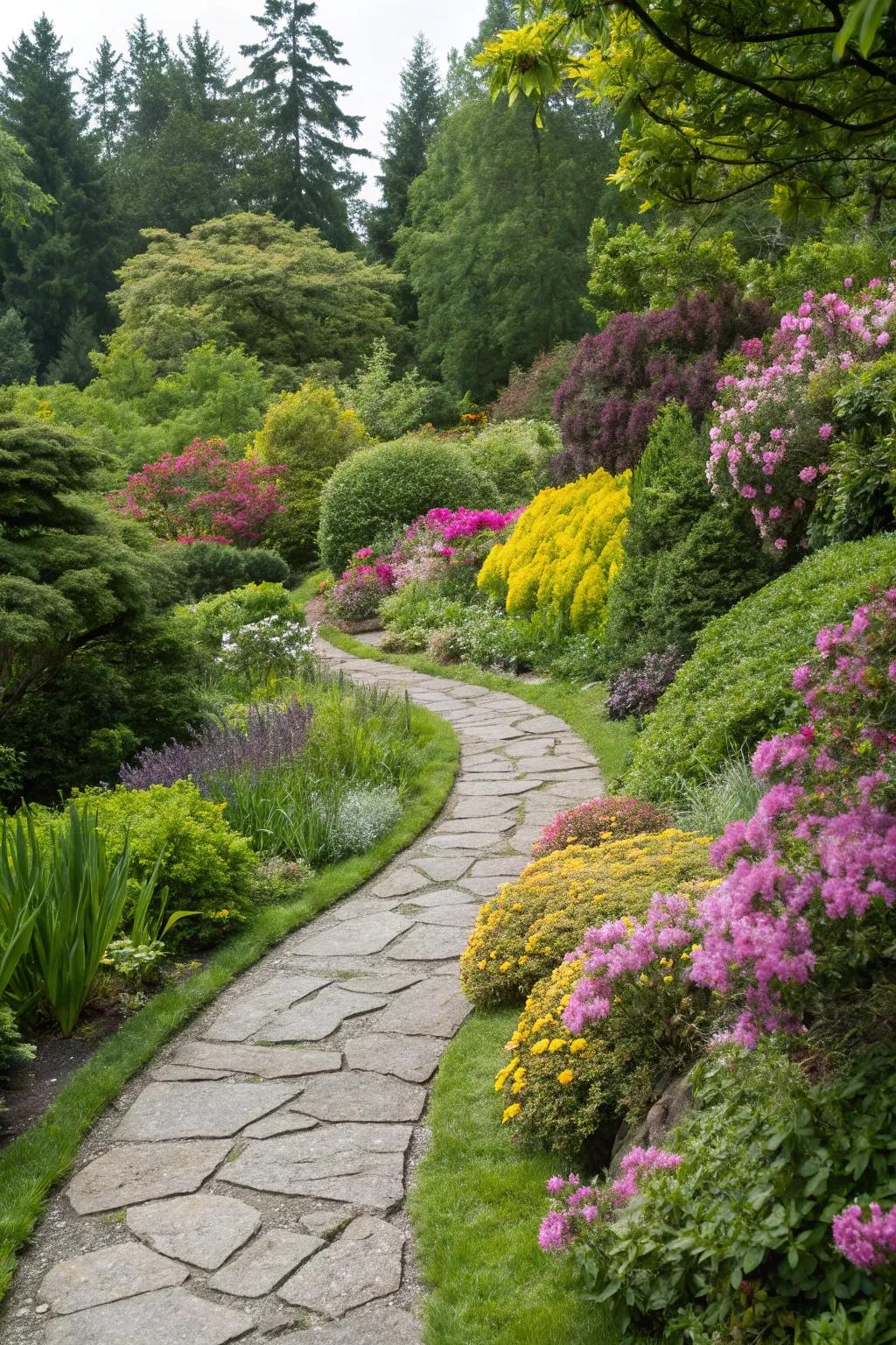 A delightful stone pathway winds through a flourishing garden.