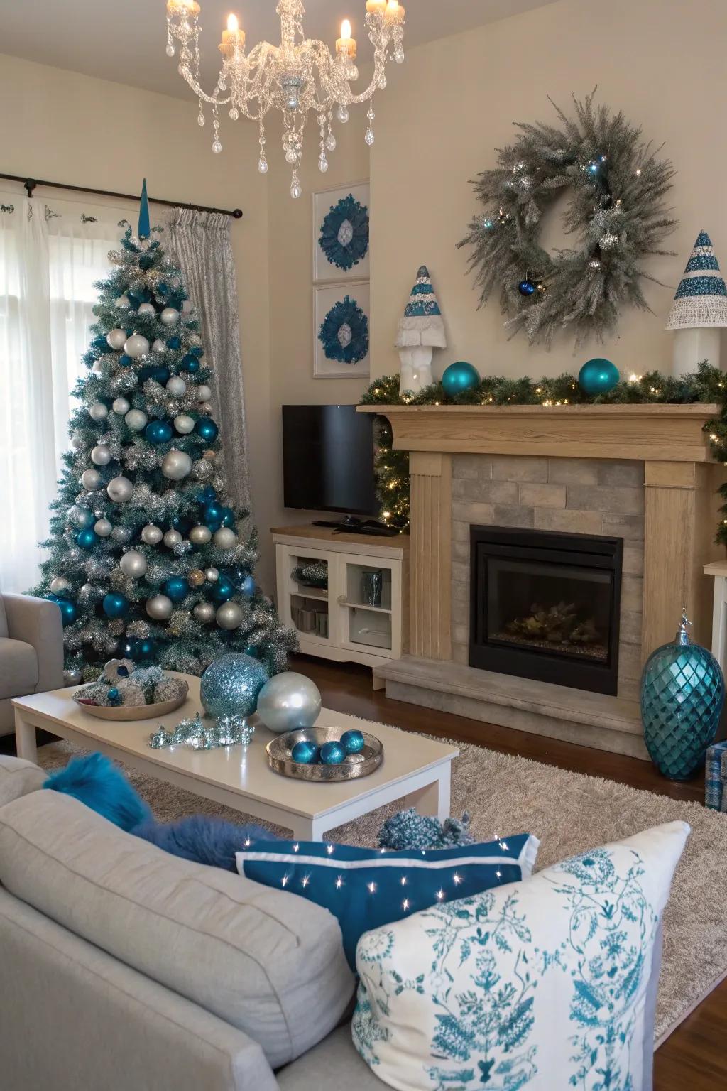Holiday decor in blue and silver adds a festive touch to this sophisticated living room.