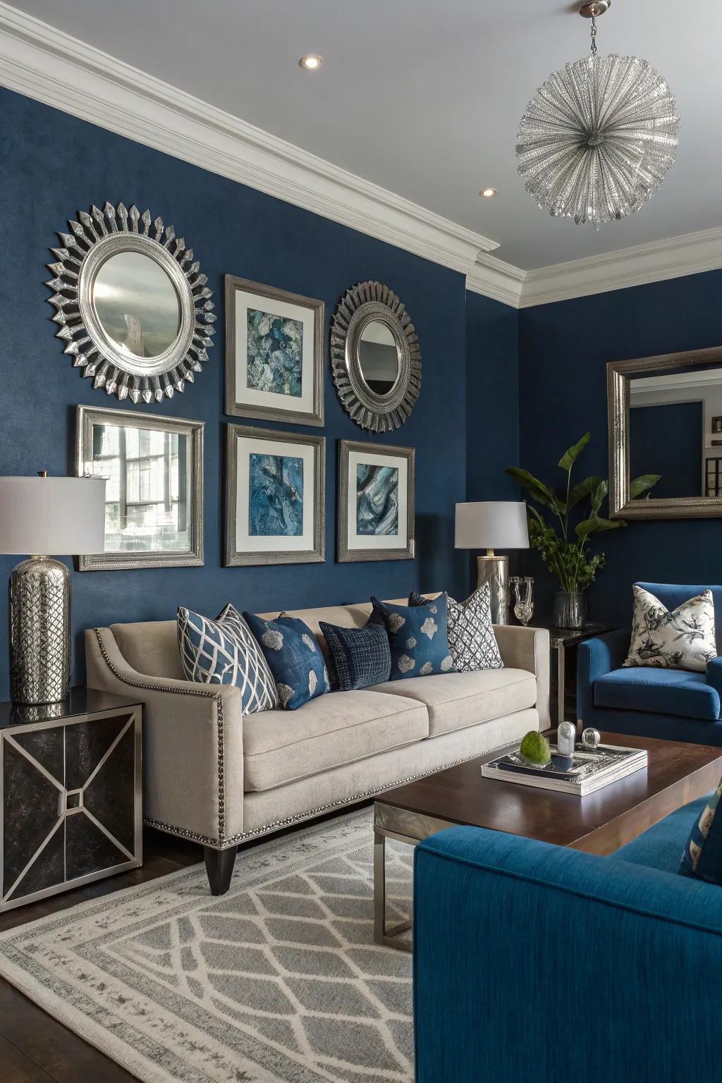 A vibrant deep blue wall paired with silver mirrors crafts depth and drama.