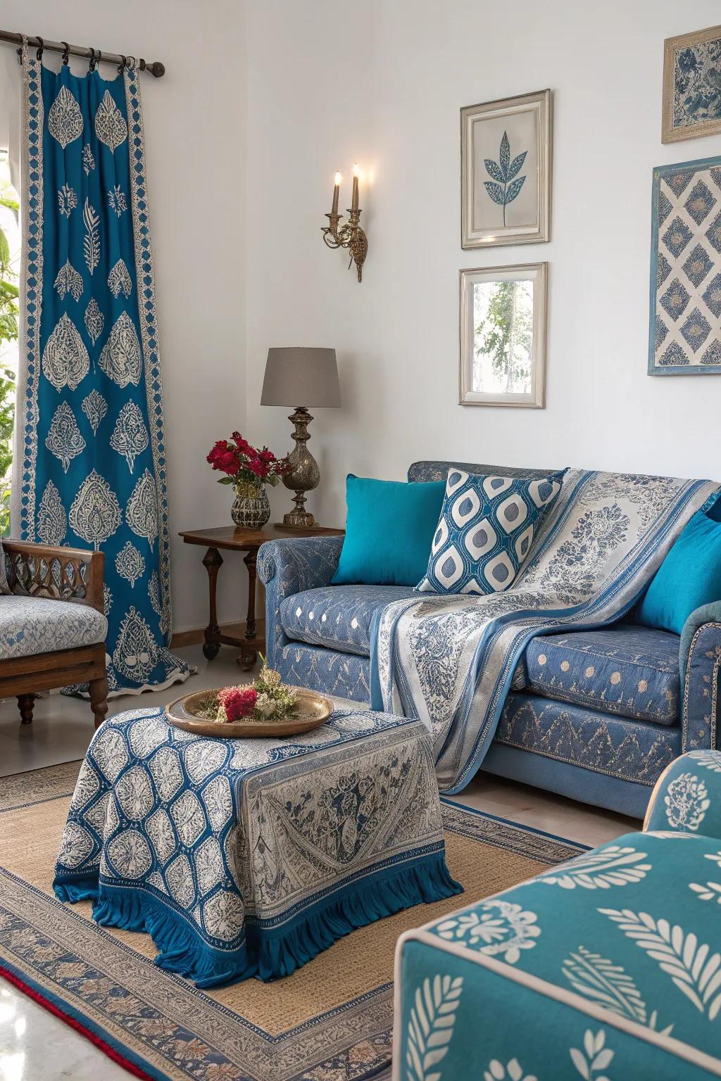 Blue designs with silver accents bring vibrancy to this sophisticated living room.