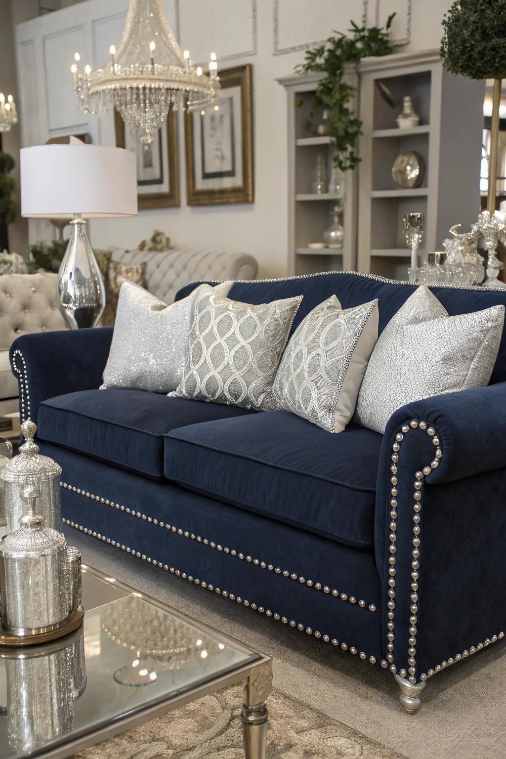The timeless blend of deep blue and silver crafts an elegant living room ambiance.