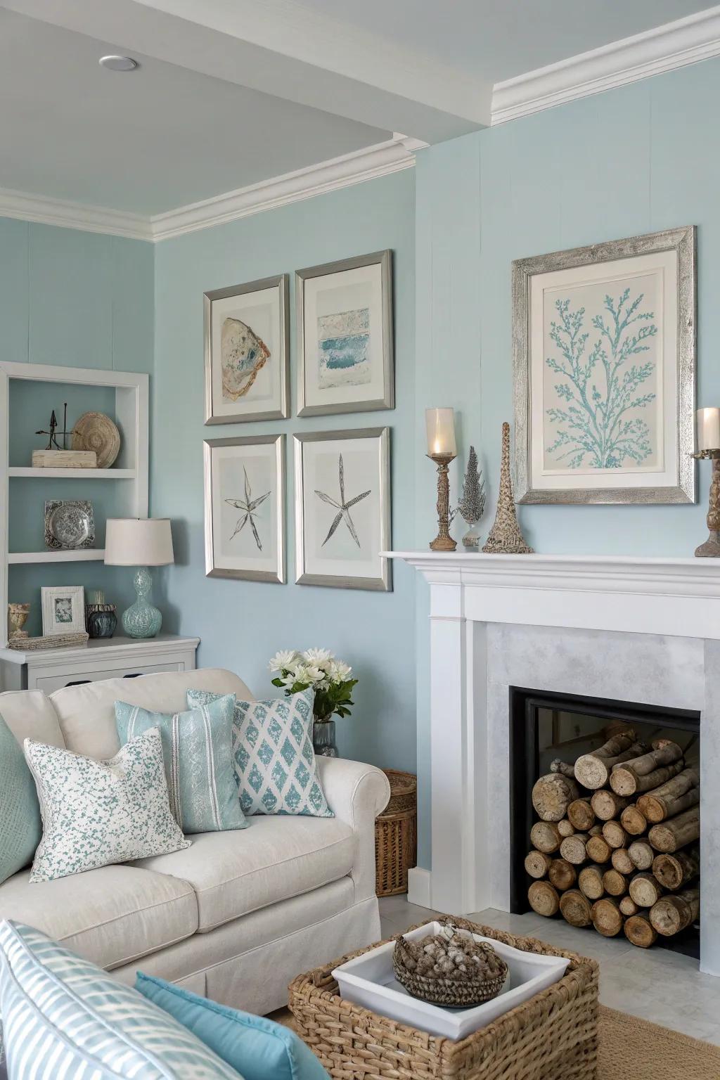 A tranquil coastal-inspired living room featuring light blue walls and touches of silver.