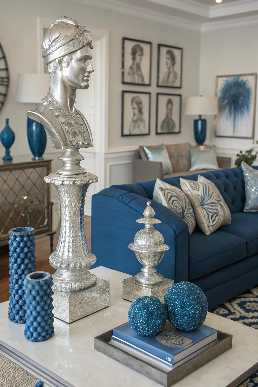 Silver sculptures add a chic centerpiece to this stylish blue living room.
