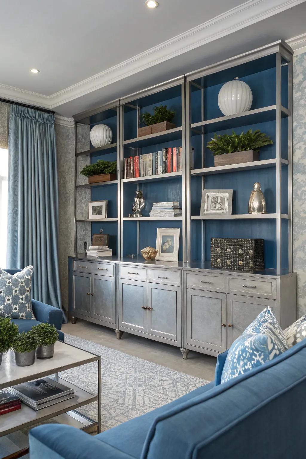 Custom shelving in blue and silver adds flair and functionality to this living room.