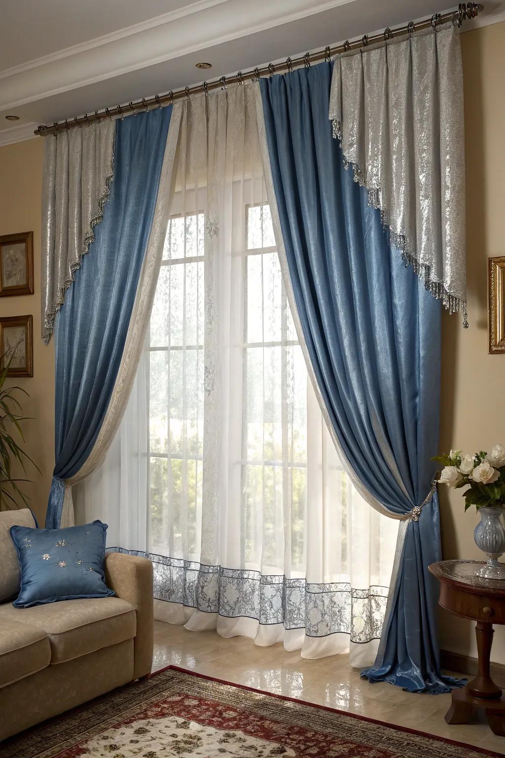 Blue and silver drapes add height and drama to this sophisticated living room.