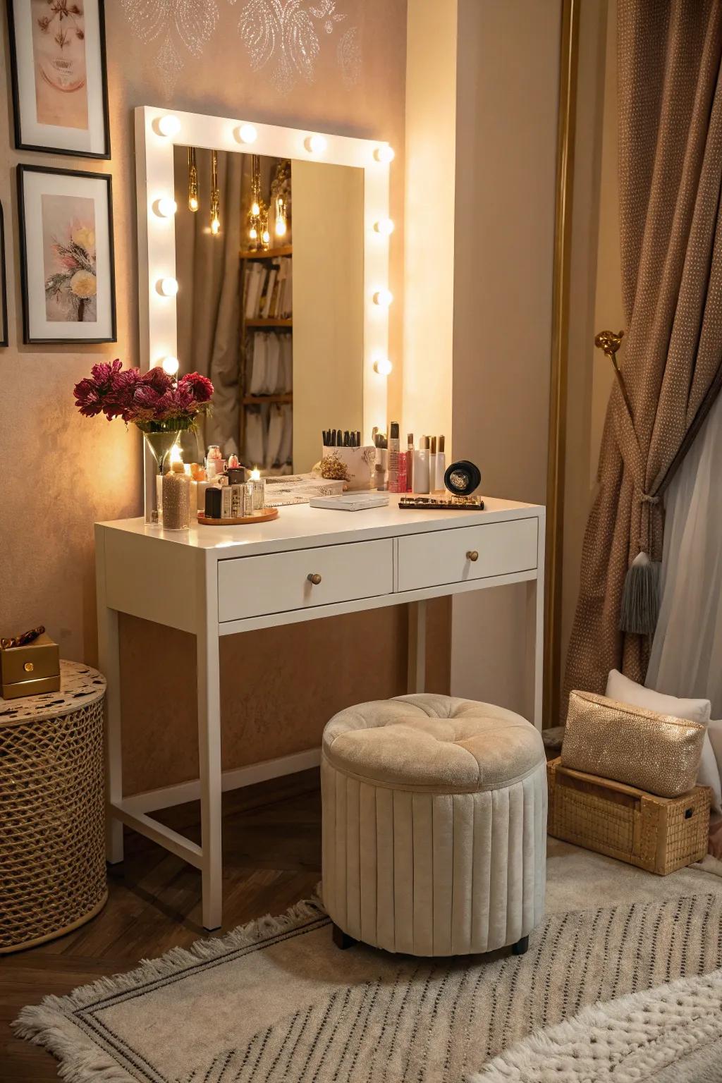 A plush stool adds style and comfort to your vanity space.