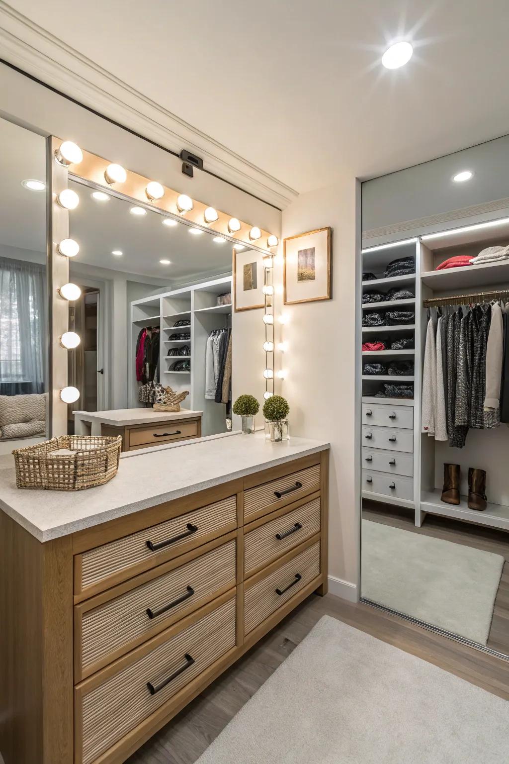 A seamless integration of vanity and closet for efficient styling.