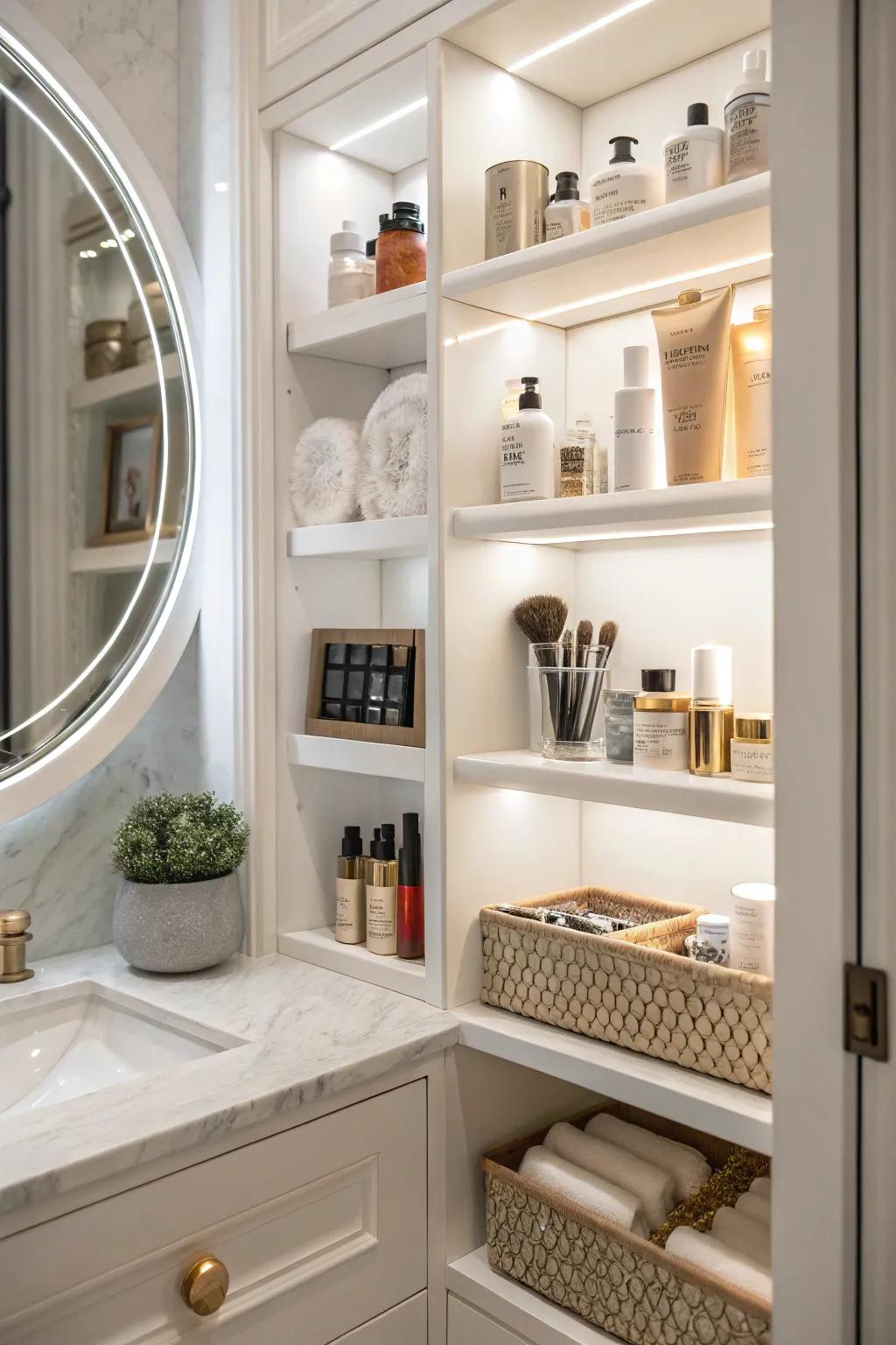 Recessed storage keeps essentials accessible and organized.