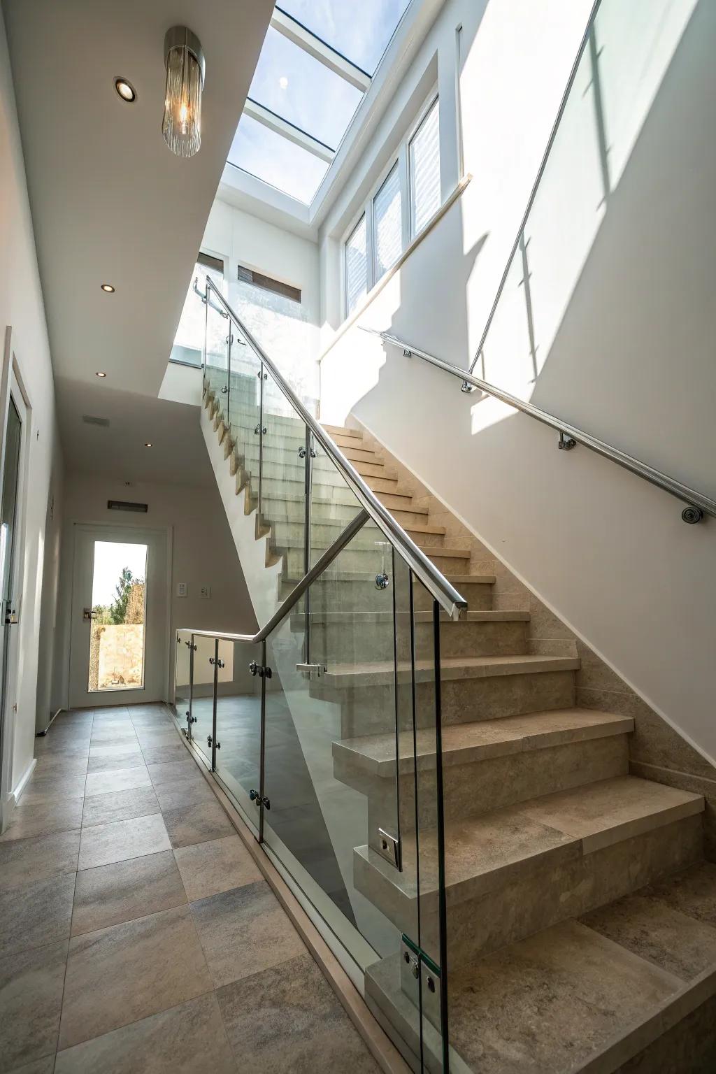 Glass railings ensure maximum light and an unobstructed view in your basement space.
