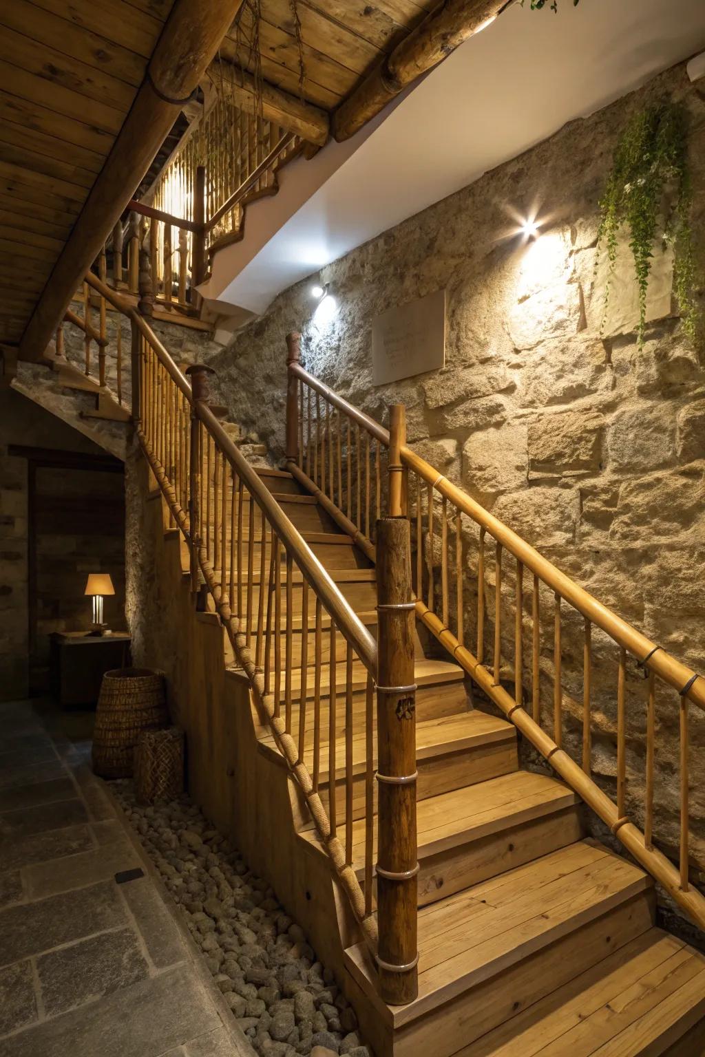 Natural materials bring warmth and an earthy vibe to your stairway.