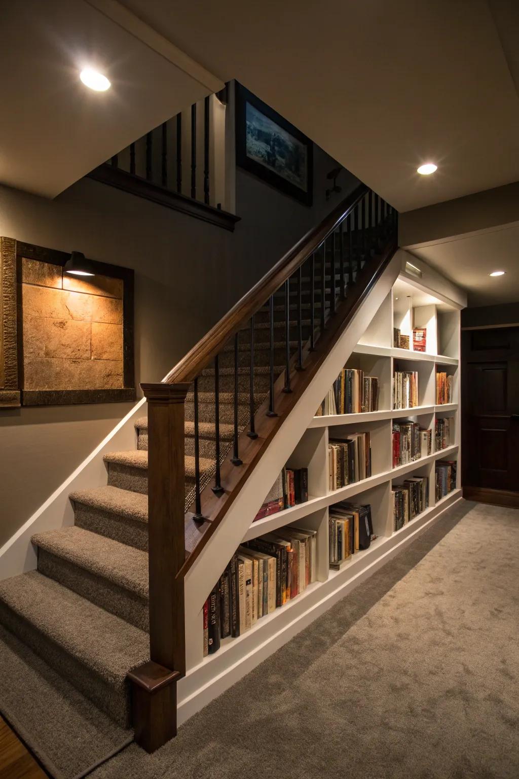 A bookshelf railing combines functionality with design flair.