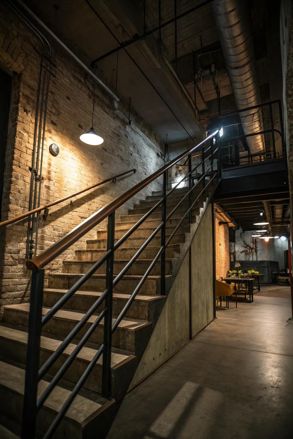 Metal pipes in an industrial style bring an edgy urban vibe to your stairway.