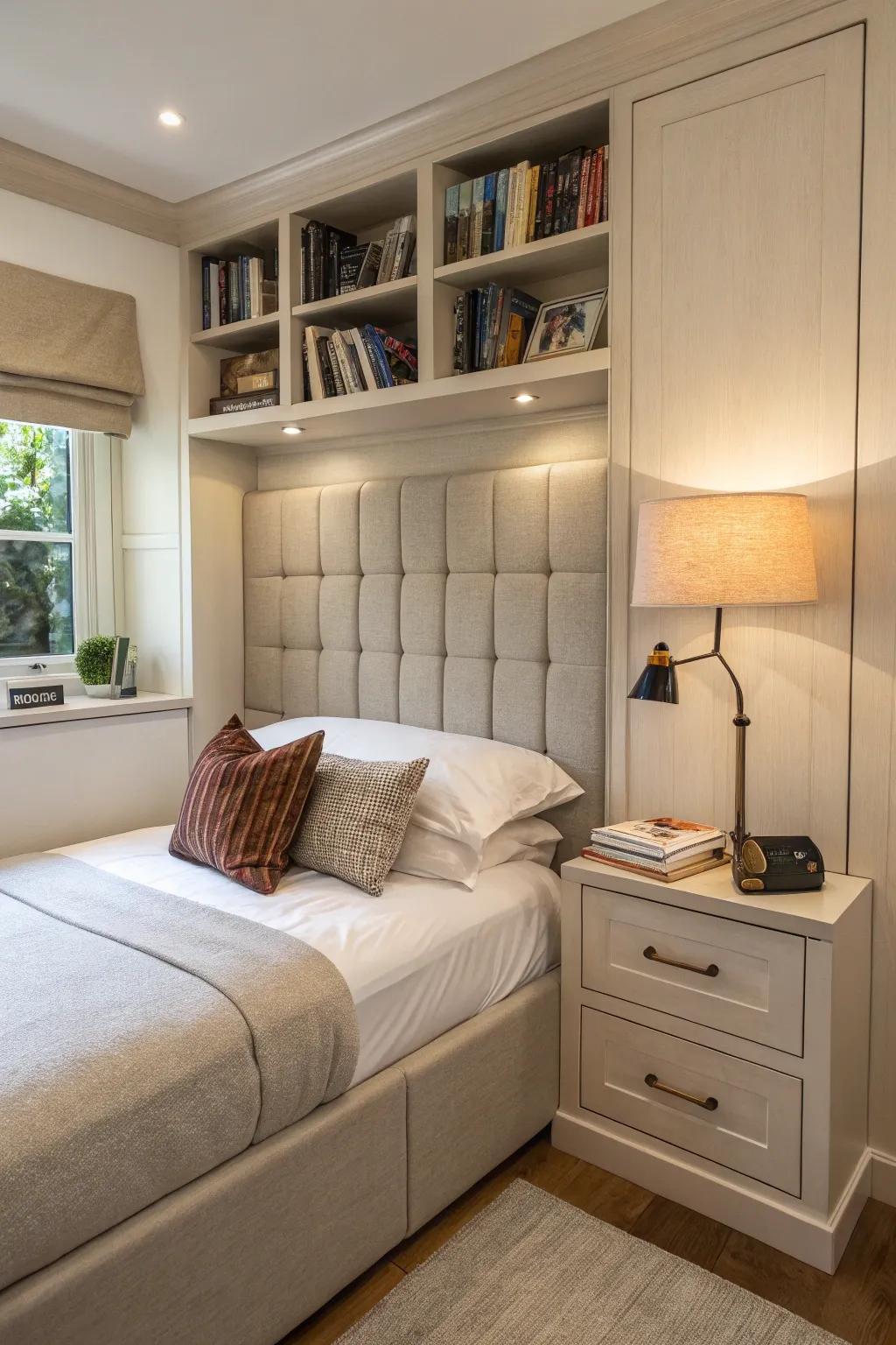 An L-shaped headboard cleverly utilizes space while adding comfort.