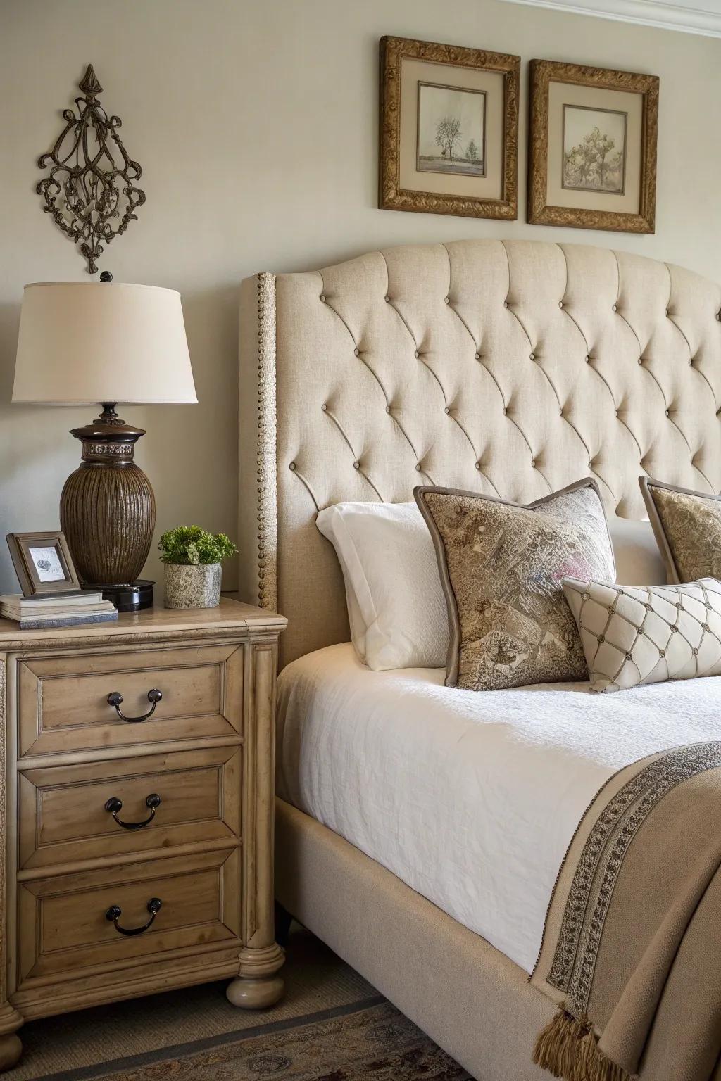 Button detailing adds enduring charm to this elegant bedroom.