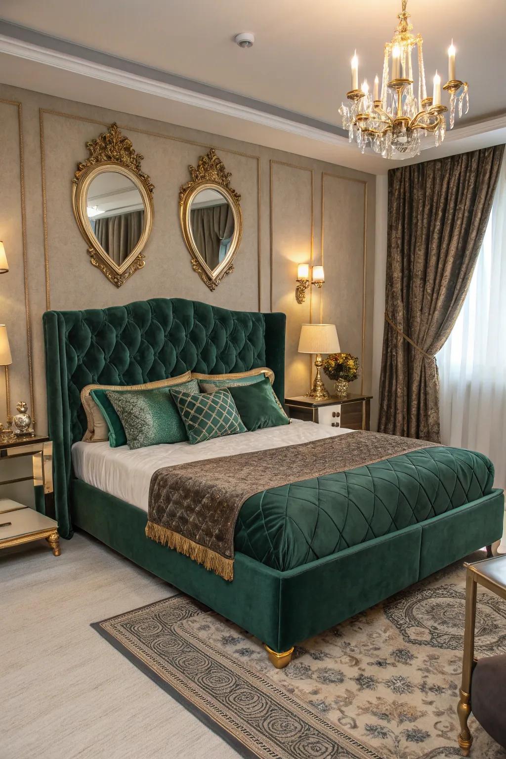 Velvet covering transforms this bed into an opulent focal point.